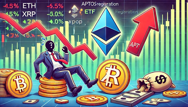 Crypto tirgus cīņas ETH, XRP kritums par 5%, APT pieaug par 10% ETF ziņu dēļ.